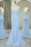 Load image into Gallery viewer, Sparkly Light Blue Mermaid Long Prom Dress With Sequined Appliques