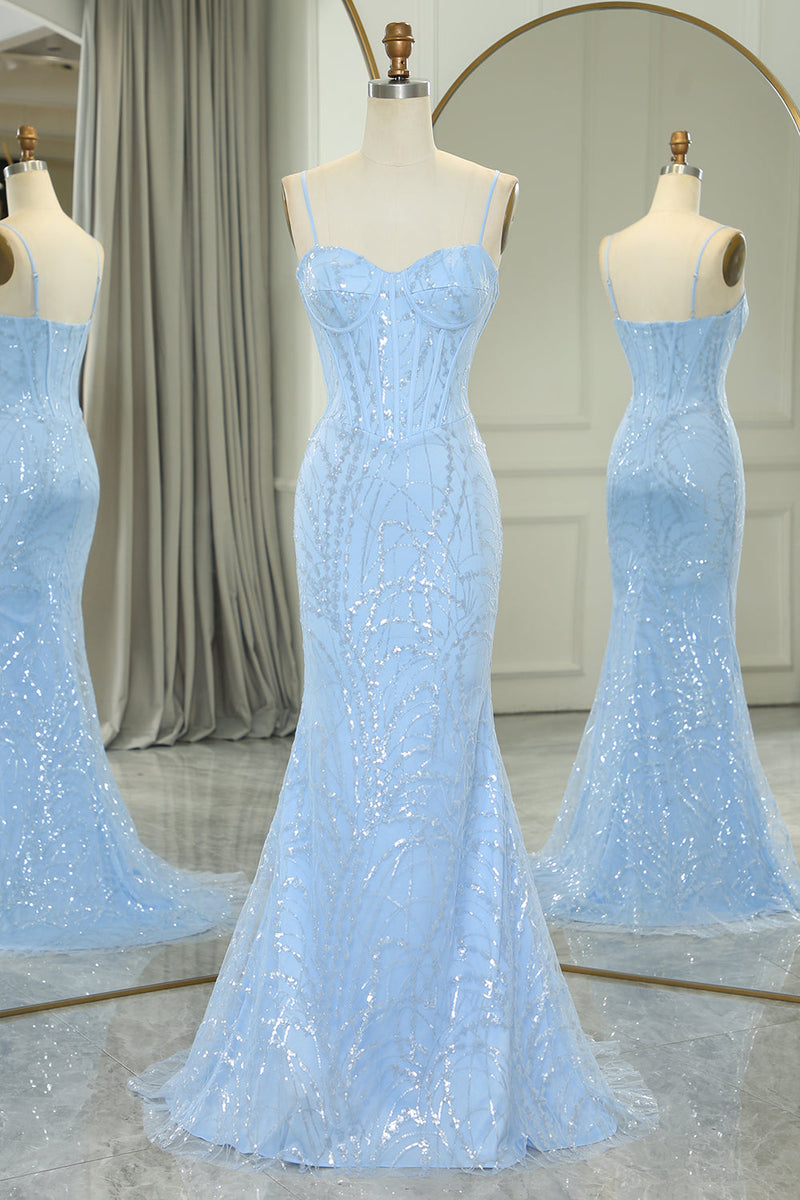 Load image into Gallery viewer, Sparkly Light Blue Mermaid Long Prom Dress With Sequined Appliques
