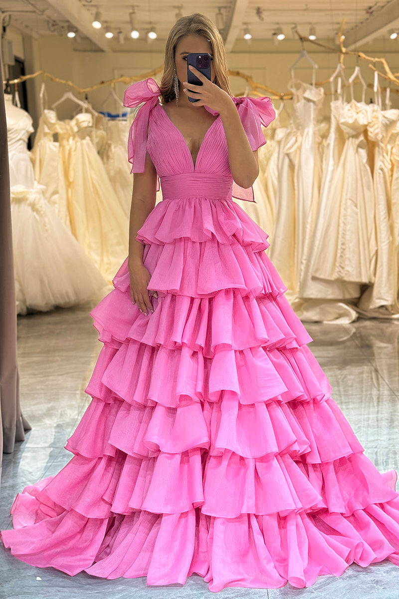 Queendancer Women Hot Pink Long Tiered Prom Dress A Line V Neck Formal Dress queendanceruk Queendancer Women Hot Pink Long Tiered Prom Dress A Line V Neck Formal Dress queendanceruk