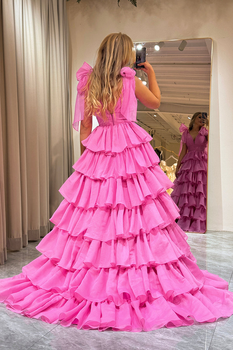 Load image into Gallery viewer, Hot Pink A Line V Neck Long Tiered Prom Dress