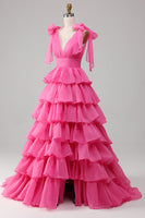 Load image into Gallery viewer, Princess A-Line V-Neck Fuchsia Prom Dress With Slit