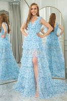 Load image into Gallery viewer, Blue A Line Tulle V Neck Tiered Long Prom Dress With Slit