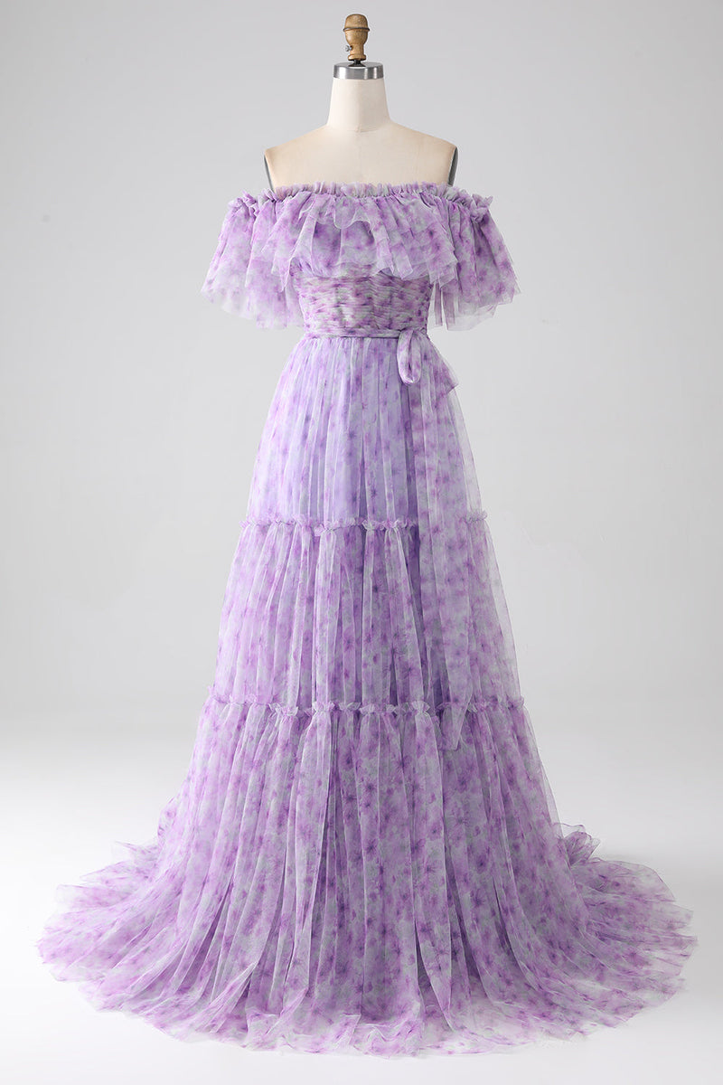 Load image into Gallery viewer, Lilac Floral Off the Shoulder Long Ruffled Prom Dress