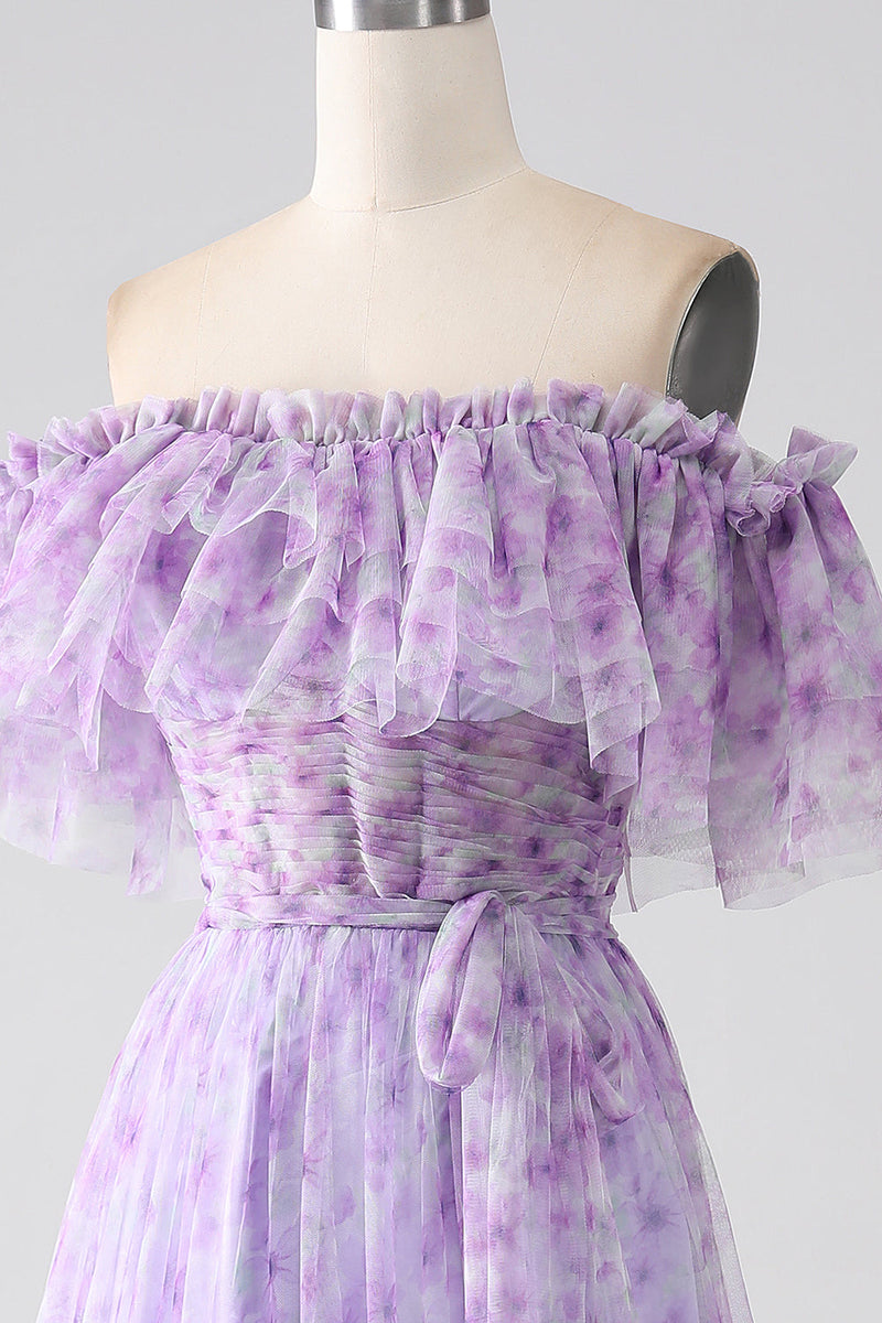 Load image into Gallery viewer, Lilac Floral Off the Shoulder Long Ruffled Prom Dress