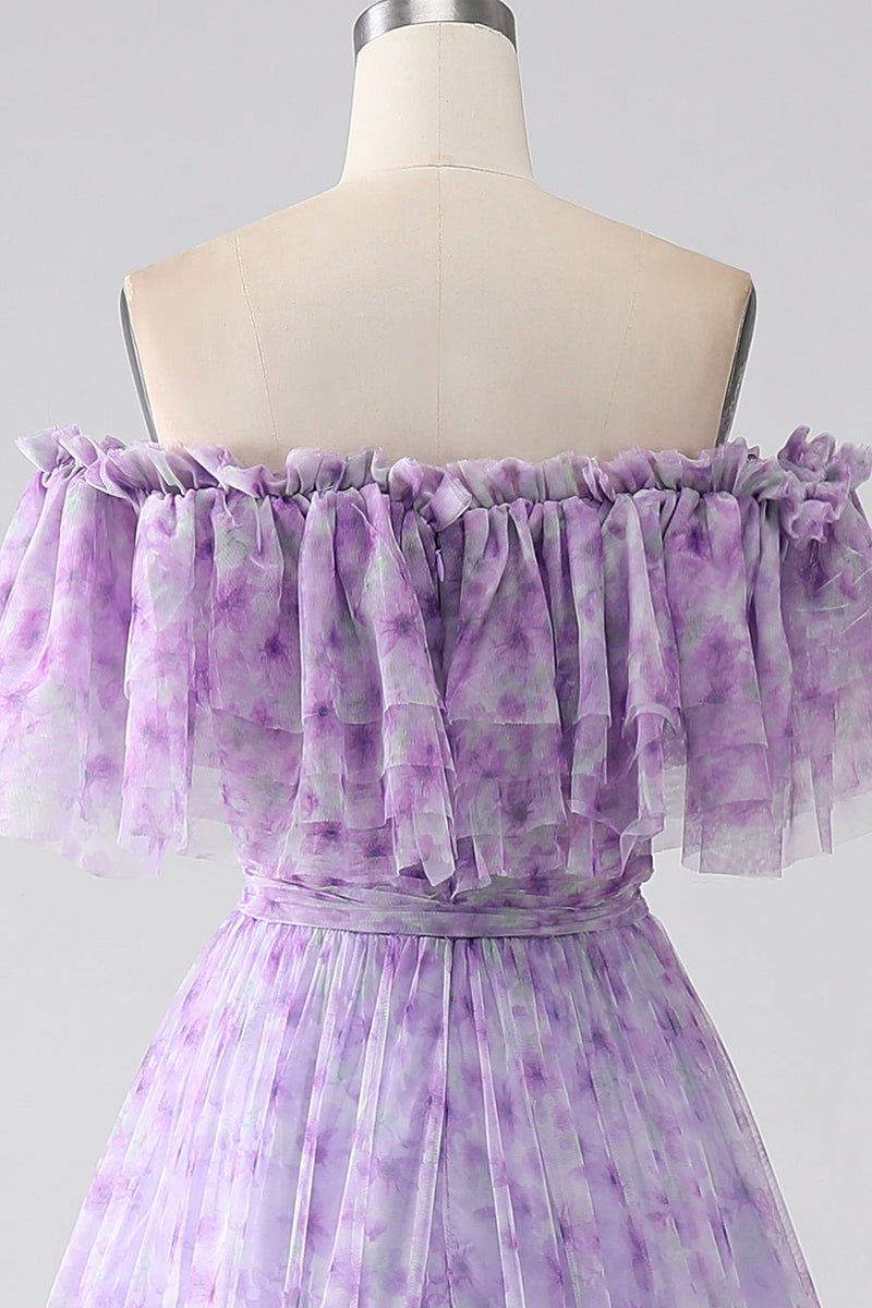 Load image into Gallery viewer, Lilac Floral Off the Shoulder Long Ruffled Prom Dress