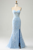 Load image into Gallery viewer, Light Blue Mermaid Sweetheart Corset Appliques Prom Dress With Side Slit