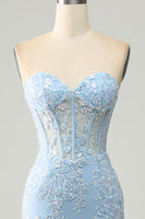 Load image into Gallery viewer, Light Blue Mermaid Sweetheart Corset Appliques Prom Dress With Side Slit