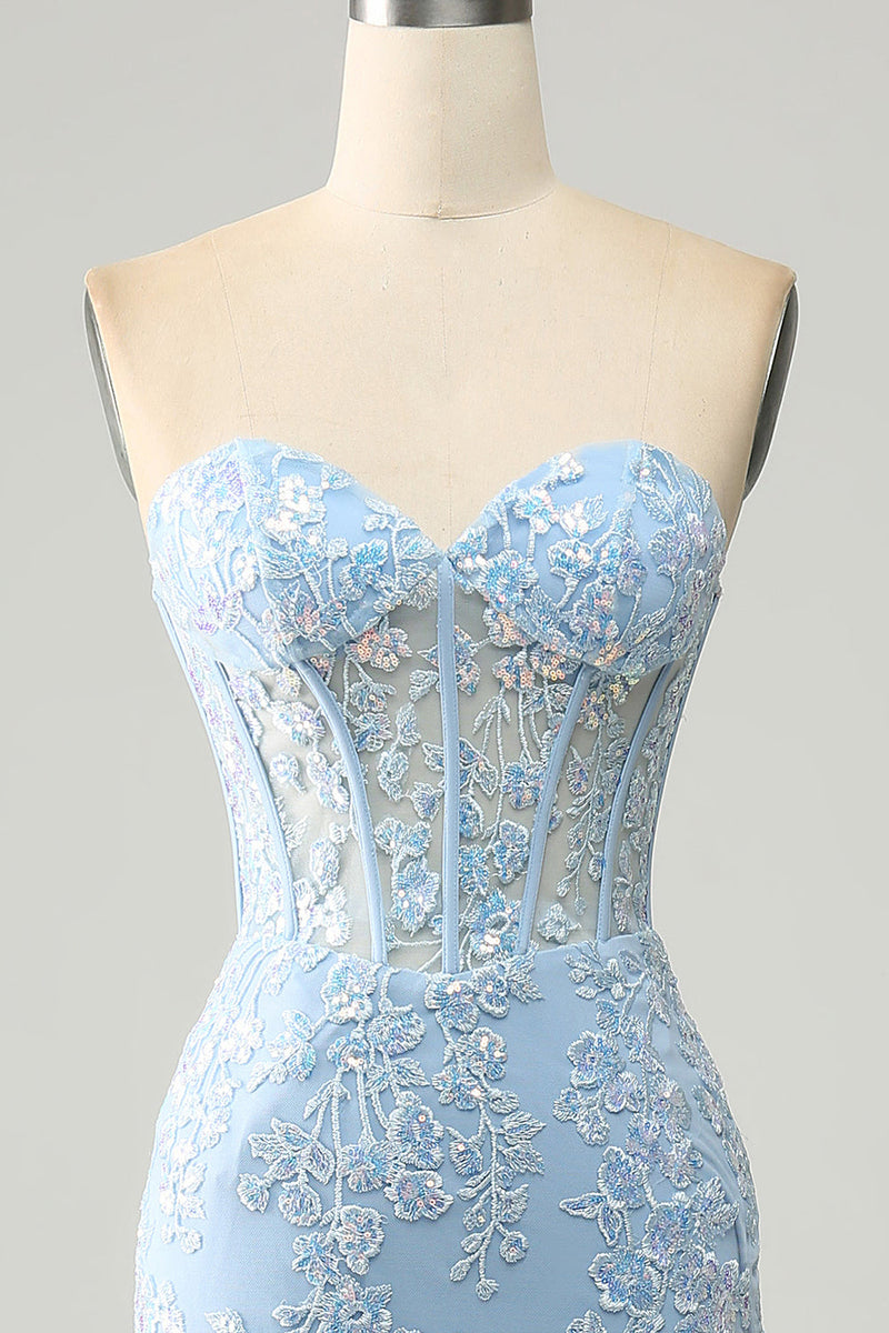 Load image into Gallery viewer, Light Blue Mermaid Sweetheart Corset Appliques Prom Dress With Side Slit