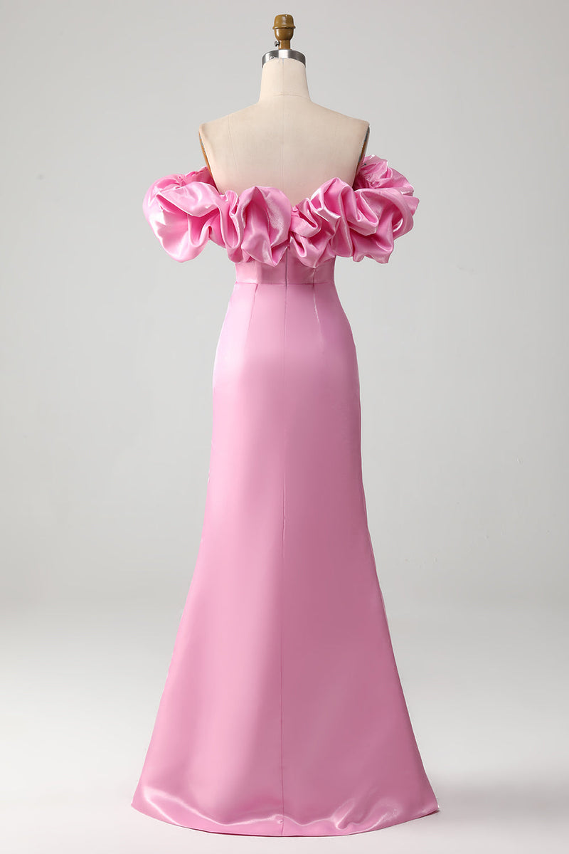 Load image into Gallery viewer, Mermaid Off the Shoulder Pink Prom Dress with Split Front