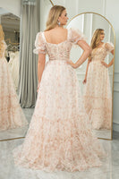 Load image into Gallery viewer, Champagne A Line Square Neck Long Prom Dress With Short Sleeves