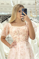 Load image into Gallery viewer, Champagne A Line Square Neck Long Prom Dress With Short Sleeves