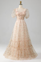 Load image into Gallery viewer, Champagne A-Line Floral Print Pleated Tiered Prom Dress With Puff Sleeves