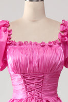 Load image into Gallery viewer, Puff Sleeves Hot Pink Prom Dress with Ruffles