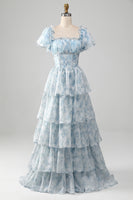 Load image into Gallery viewer, Women Light Blue Tiered Prom Dress with Corset Printed Party Dress with Puff Sleeves