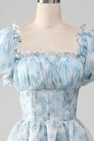 Load image into Gallery viewer, A Line Square Neck Light Blue Tiered Prom Dress with Ruffles