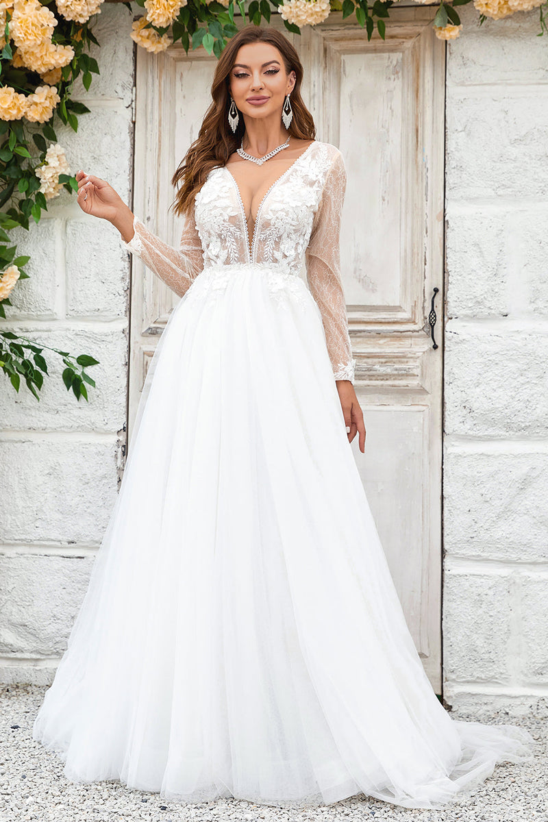 Deep V Neck Ivory Tulle Sweep Train Wedding Dress with Lace