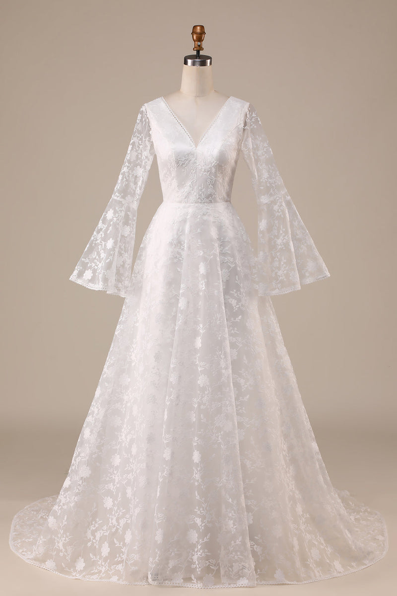 Queendancer Women Ivory Lace Flare Sleeves A Line Wedding Dress V