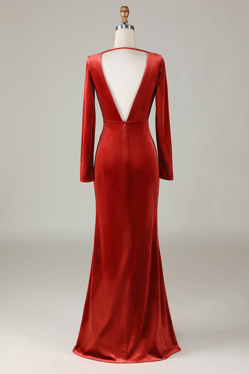 Queendancer Women Velvet Terracotta Bridesmaid Dress with Long Sleeves  Mermaid Open Back Wedding Guest Dress – queendanceruk