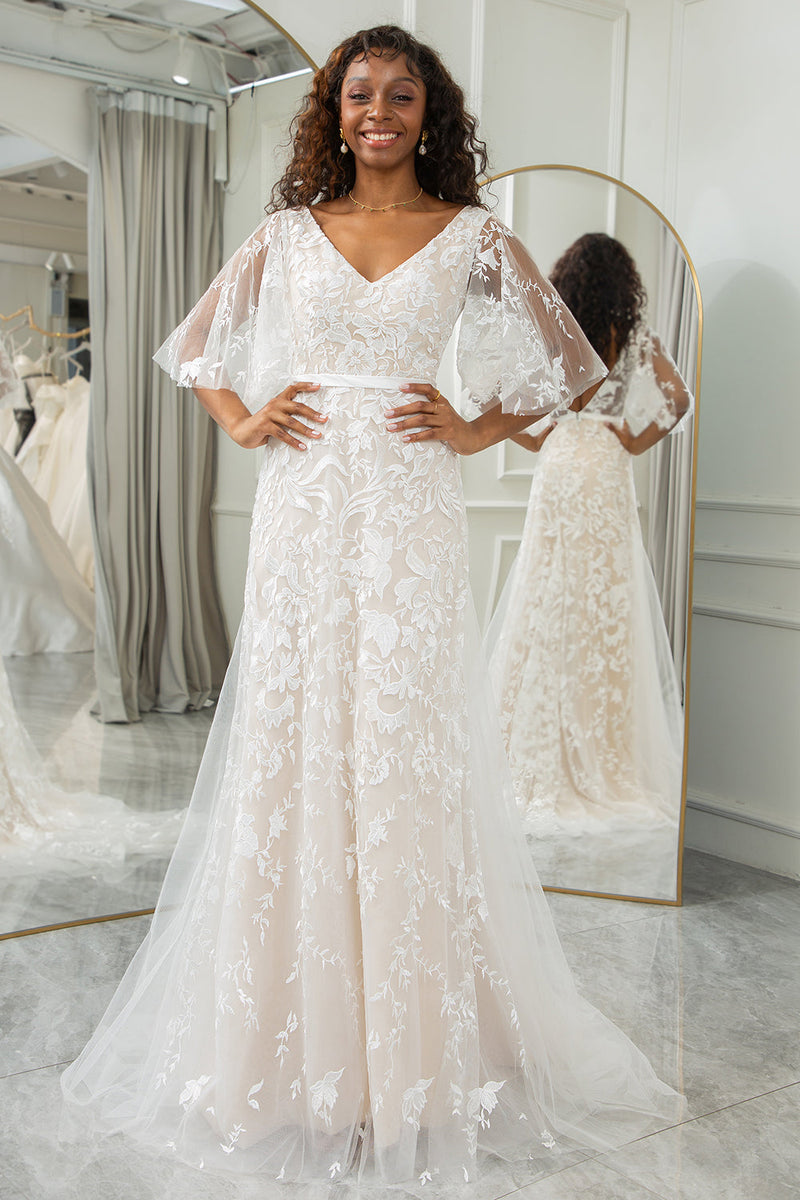 Queendancer Women Ivory Lace Wedding Dress Batwing Sleeves V Neck Sweep Train Bridal Dress queendanceruk