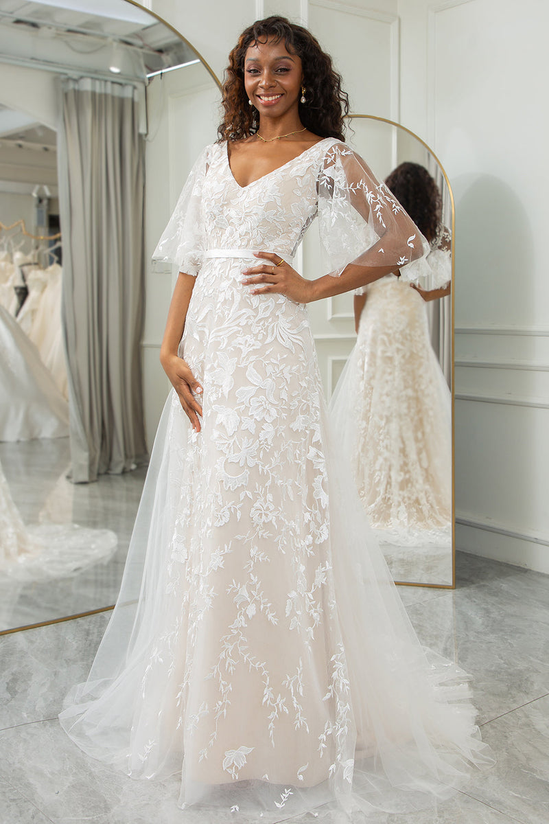 Queendancer Women Ivory Lace Wedding Dress Batwing Sleeves V Neck Sweep Train Bridal Dress queendanceruk