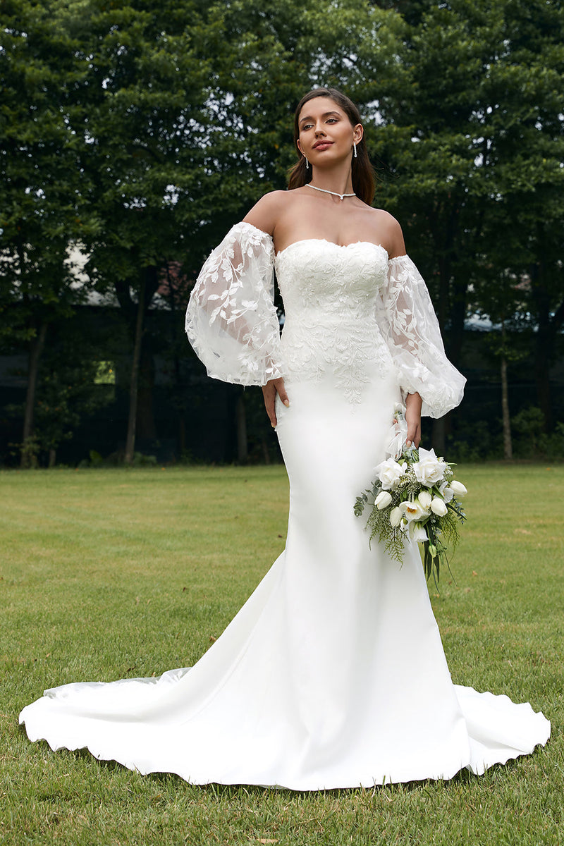 Queendancer Women Ivory Mermaid Sweetheart Wedding Dress with Lace