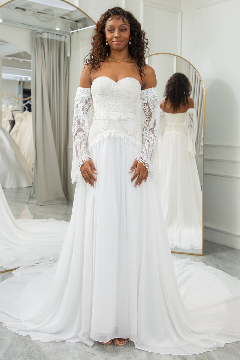 Queendancer Women Ivory Boho Wedding Dress Sweetheart Detachable Flare Sleeves Bridal Dress queendanceruk