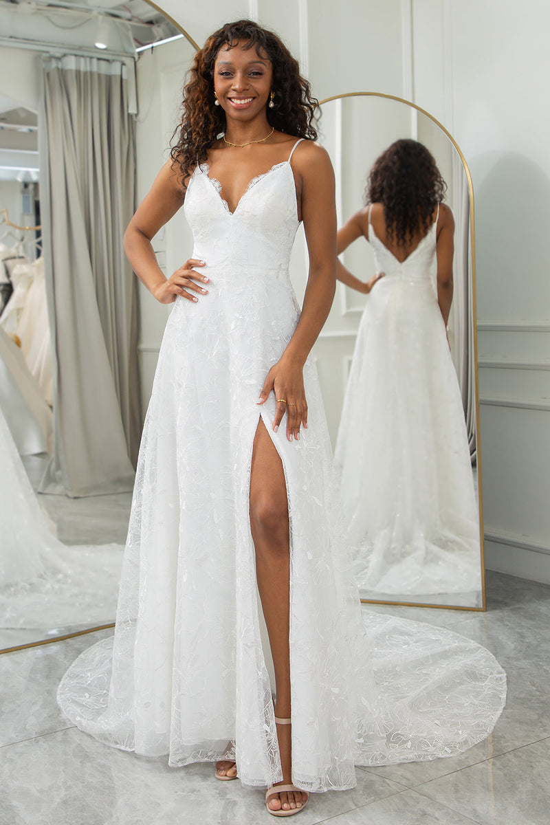 Queendancer Women Ivory A Line Lace Wedding Dress with Slit Spaghetti Straps Sweep Train Bridal Dress queendanceruk