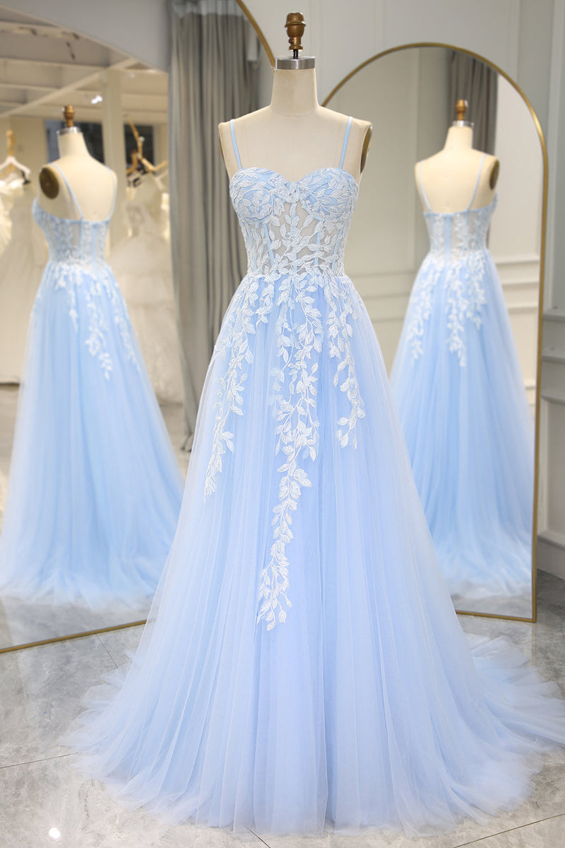 Load image into Gallery viewer, Sky Blue Long Corset Appliqued Prom Dress With Slit