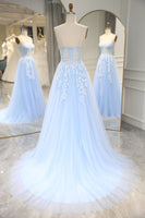 Load image into Gallery viewer, Sky Blue Long Corset Appliqued Prom Dress With Slit