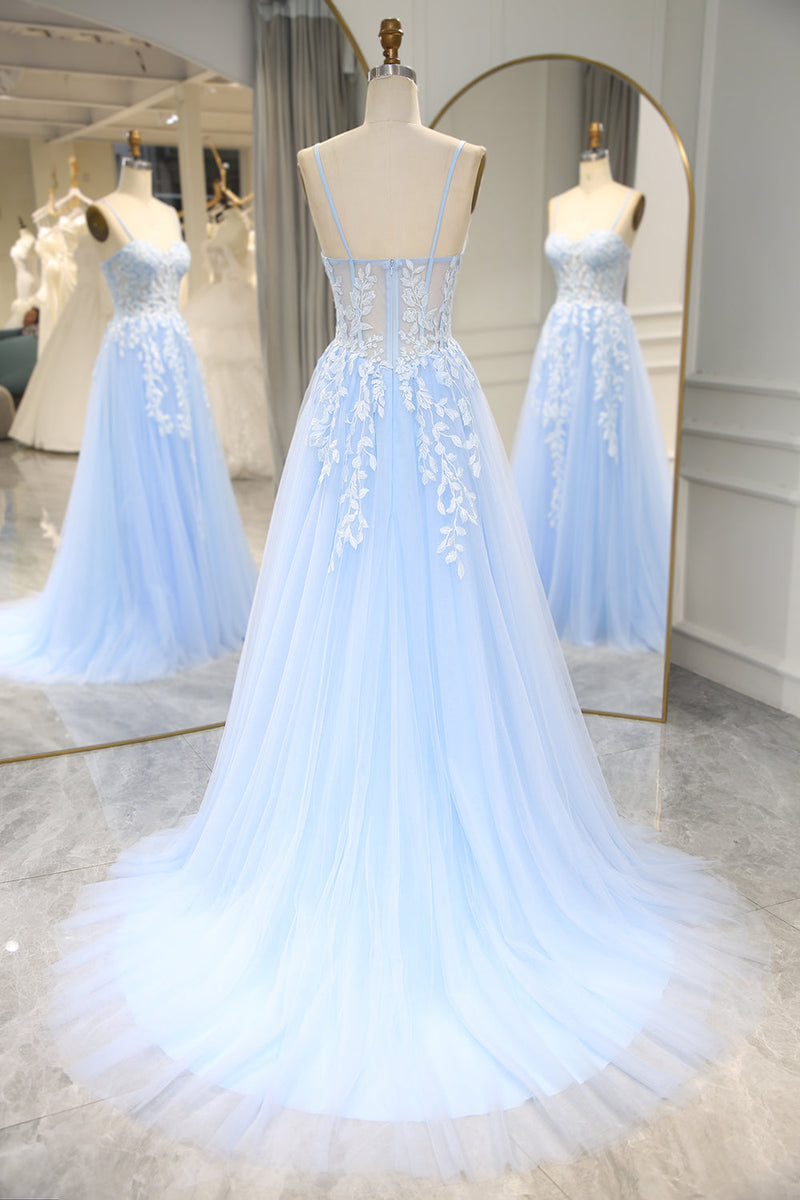 Load image into Gallery viewer, Sky Blue Long Corset Appliqued Prom Dress With Slit