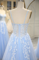 Load image into Gallery viewer, Sky Blue Long Corset Appliqued Prom Dress With Slit