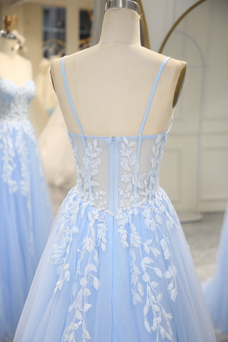 Load image into Gallery viewer, Sky Blue Long Corset Appliqued Prom Dress With Slit