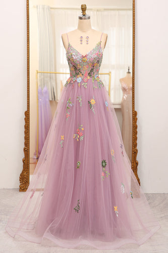 Mauve A Line Tulle Beaded Appliques Long Prom Dress With Front Slit