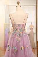 Load image into Gallery viewer, Mauve A Line Tulle Beaded Appliques Long Prom Dress With Front Slit