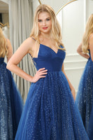 Load image into Gallery viewer, Sparkly Navy Beaded A Line Long Prom Dress With Slit