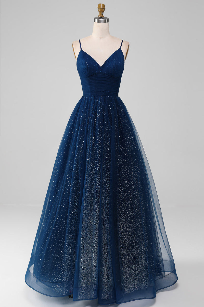 Queendancer Women Navy Ball-Gown V-Neck Long Beaded Tulle Prom Dresses With Pleated queendanceruk Queendancer Women Navy Ball-Gown V-Neck Long Beaded Tulle Prom Dresses With Pleated queendanceruk