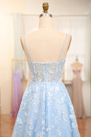 Load image into Gallery viewer, Sky Blue A Line Tulle Long Corset Prom Dress With Appliques