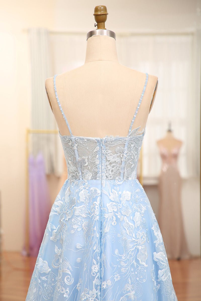 Load image into Gallery viewer, Sky Blue A Line Tulle Long Corset Prom Dress With Appliques