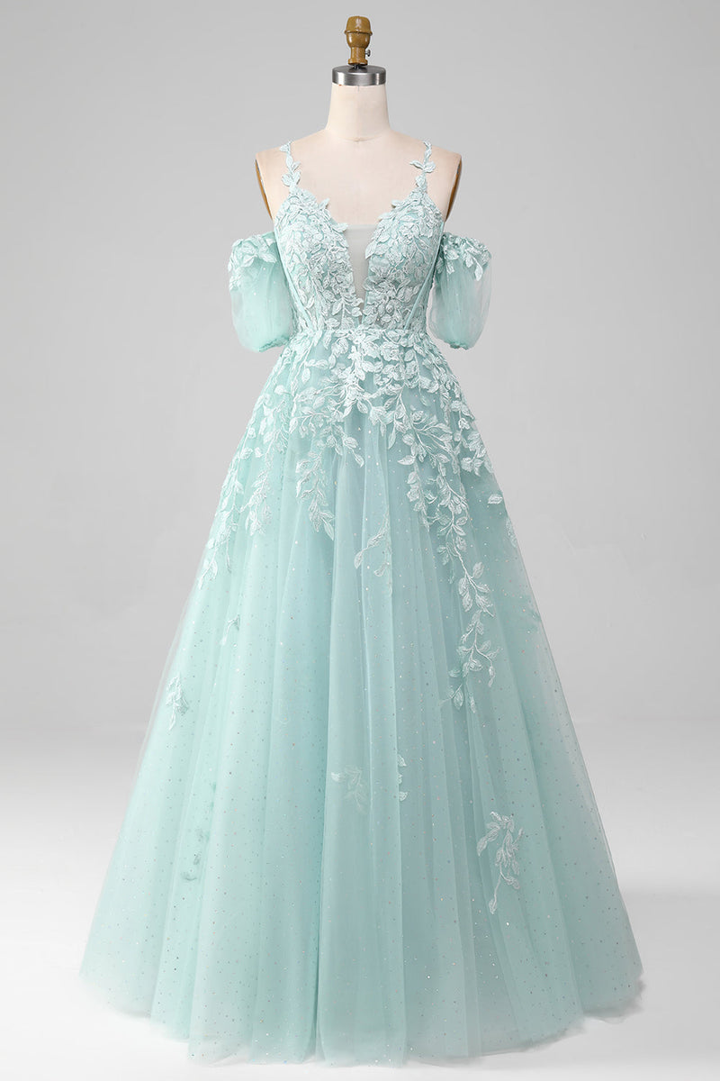 Load image into Gallery viewer, Mint Ball-Gown Off The Shoulder Beaded Prom Dresses With Appliques