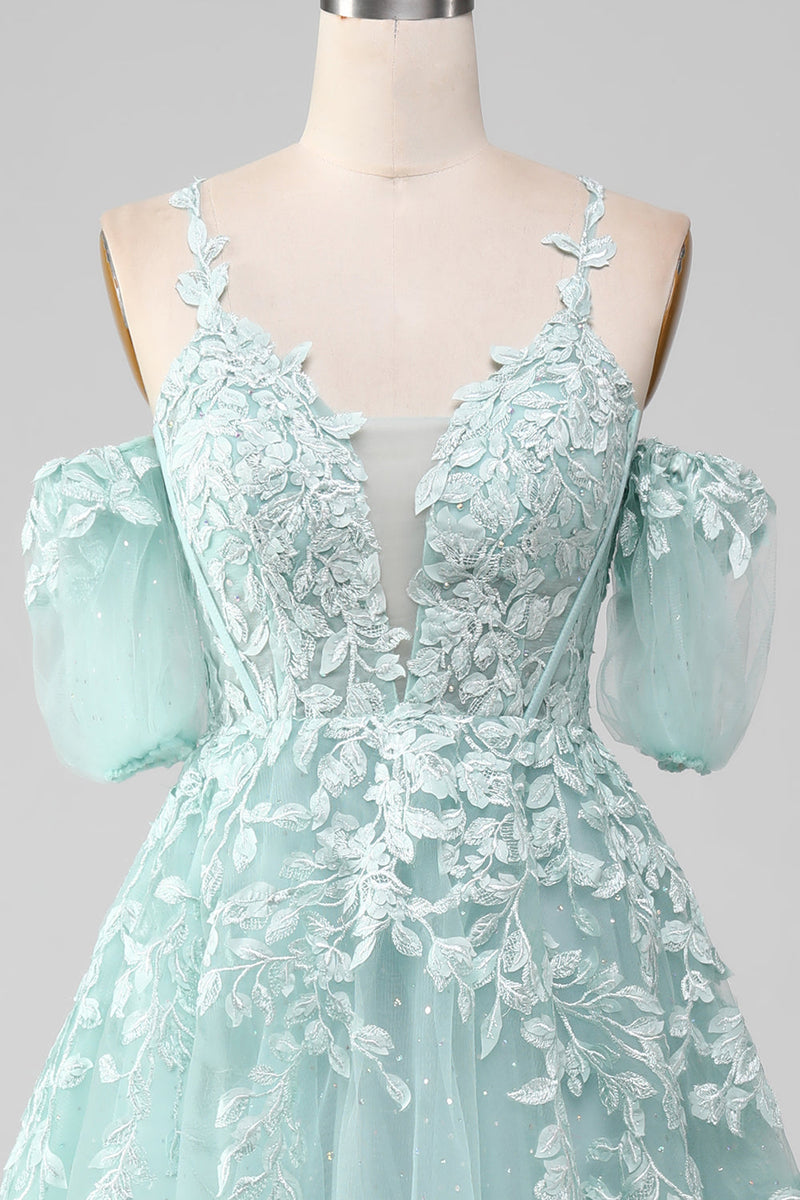 Load image into Gallery viewer, Mint Ball-Gown Off The Shoulder Beaded Prom Dresses With Appliques