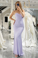 Load image into Gallery viewer, Lilac Mermaid Strapless Long Corset Prom Dress With Appliques
