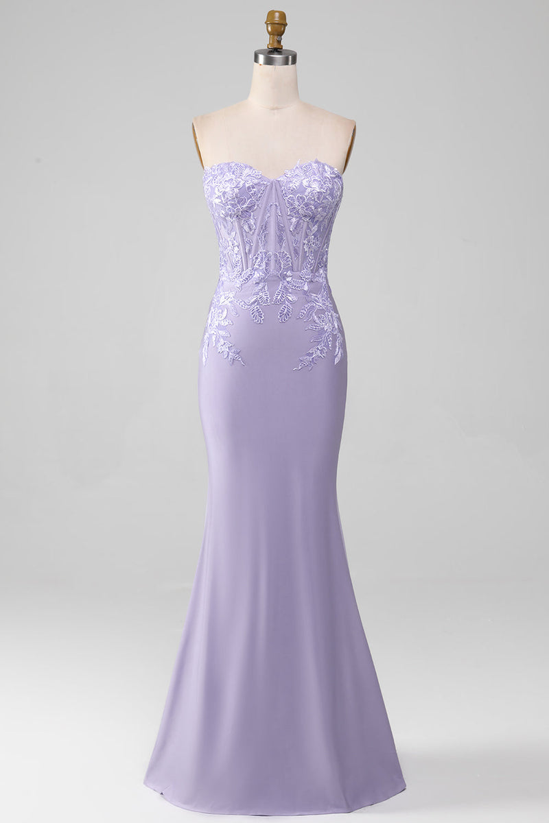 Load image into Gallery viewer, Lilac Sheath Strapless Corset Prom Dresses With Lace Appliques