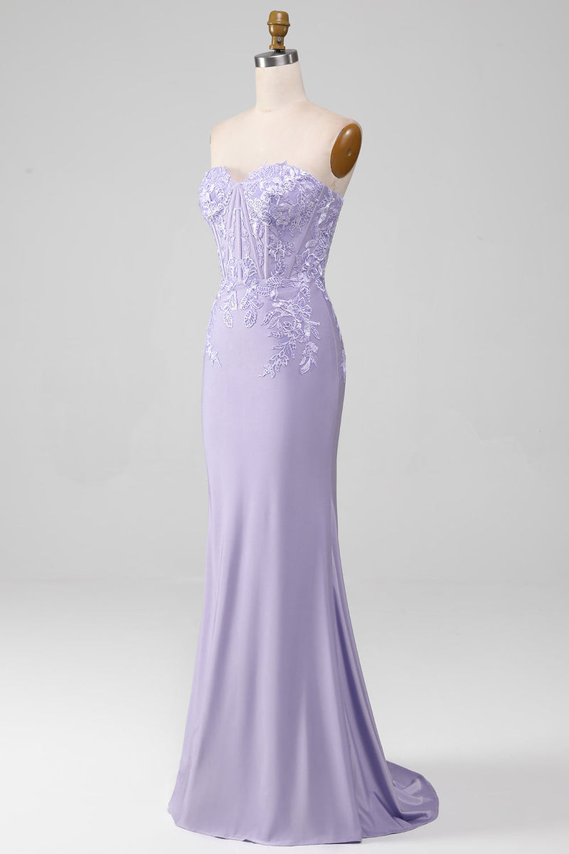 Load image into Gallery viewer, Lilac Sheath Strapless Corset Prom Dresses With Lace Appliques