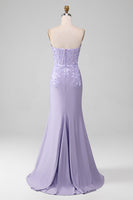 Load image into Gallery viewer, Lilac Sheath Strapless Corset Prom Dresses With Lace Appliques