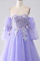 Load image into Gallery viewer, Lavender A-Line Strapless Tulle Long Prom Dress with Sleeves