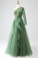 Load image into Gallery viewer, Dark Green A-Line One-Shoulder Long Prom Dress With Long Sleeves