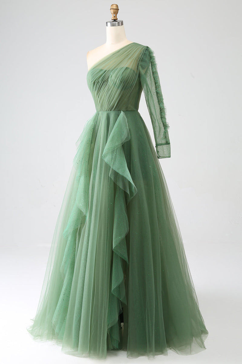 Load image into Gallery viewer, Dark Green A-Line One-Shoulder Long Prom Dress With Long Sleeves
