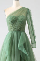 Load image into Gallery viewer, Dark Green A-Line One-Shoulder Long Prom Dress With Long Sleeves