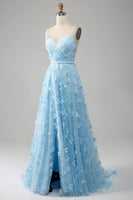 Load image into Gallery viewer, Sky Blue A Line Spaghetti Straps Sparkly Beaded Prom Dress with 3D Butterflies