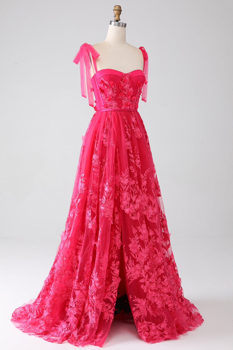 Load image into Gallery viewer, A-Line Spaghetti Straps Fuchsia Long Prom Dress with Slit